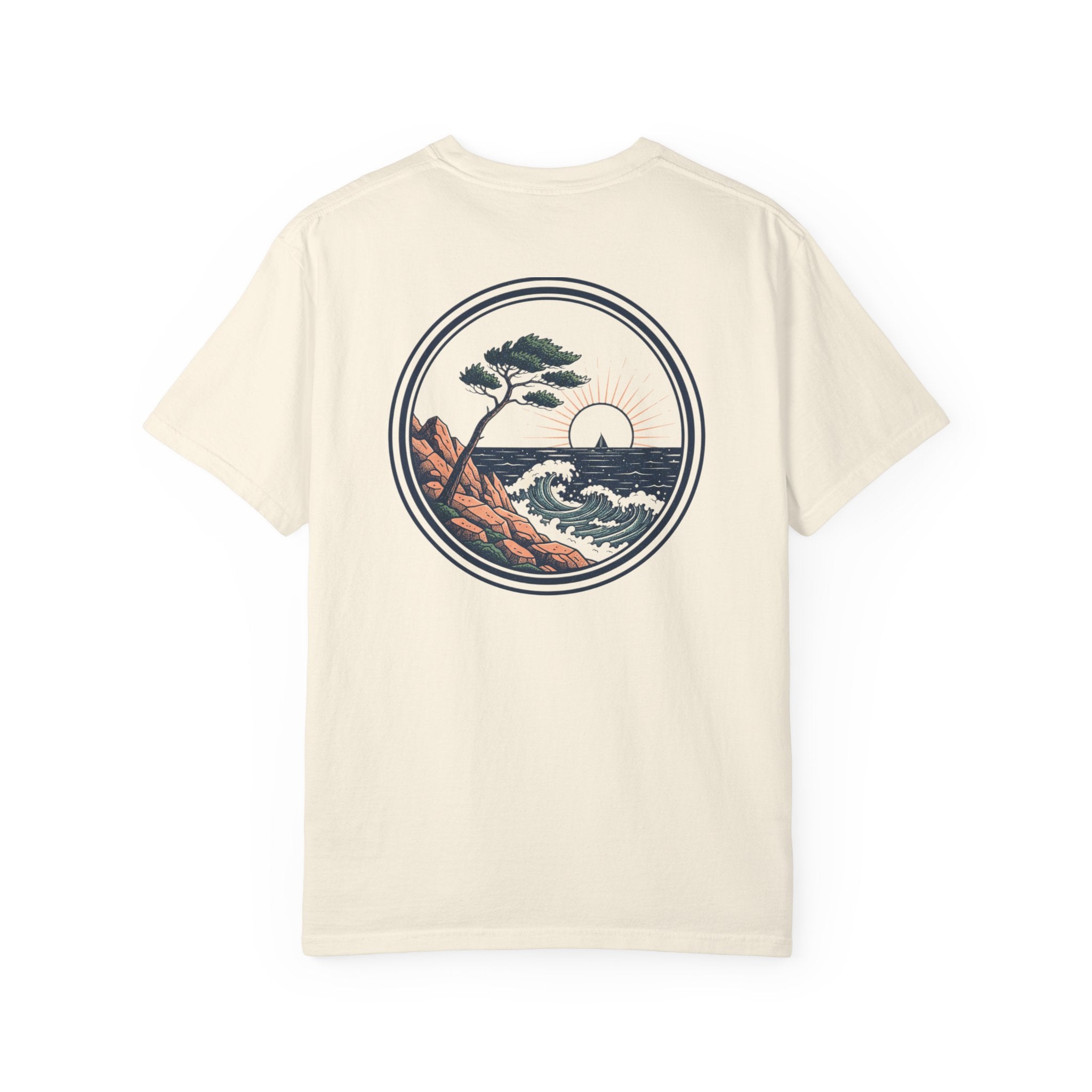 Coastal Sunset Tee — Wave & Pine Graphic T-Shirt (Back & Chest Print)