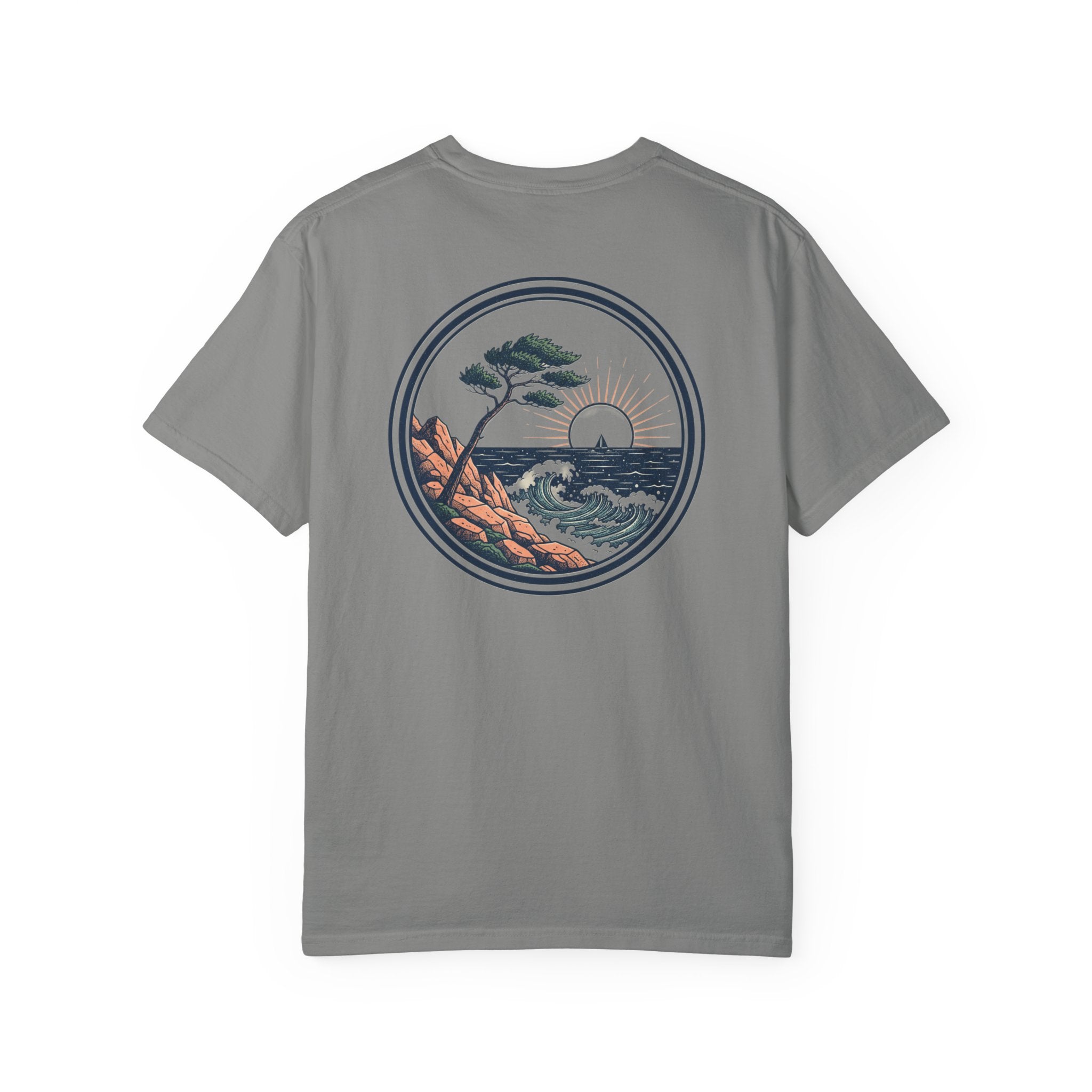 Coastal Sunset Tee — Wave & Pine Graphic T-Shirt (Back & Chest Print)