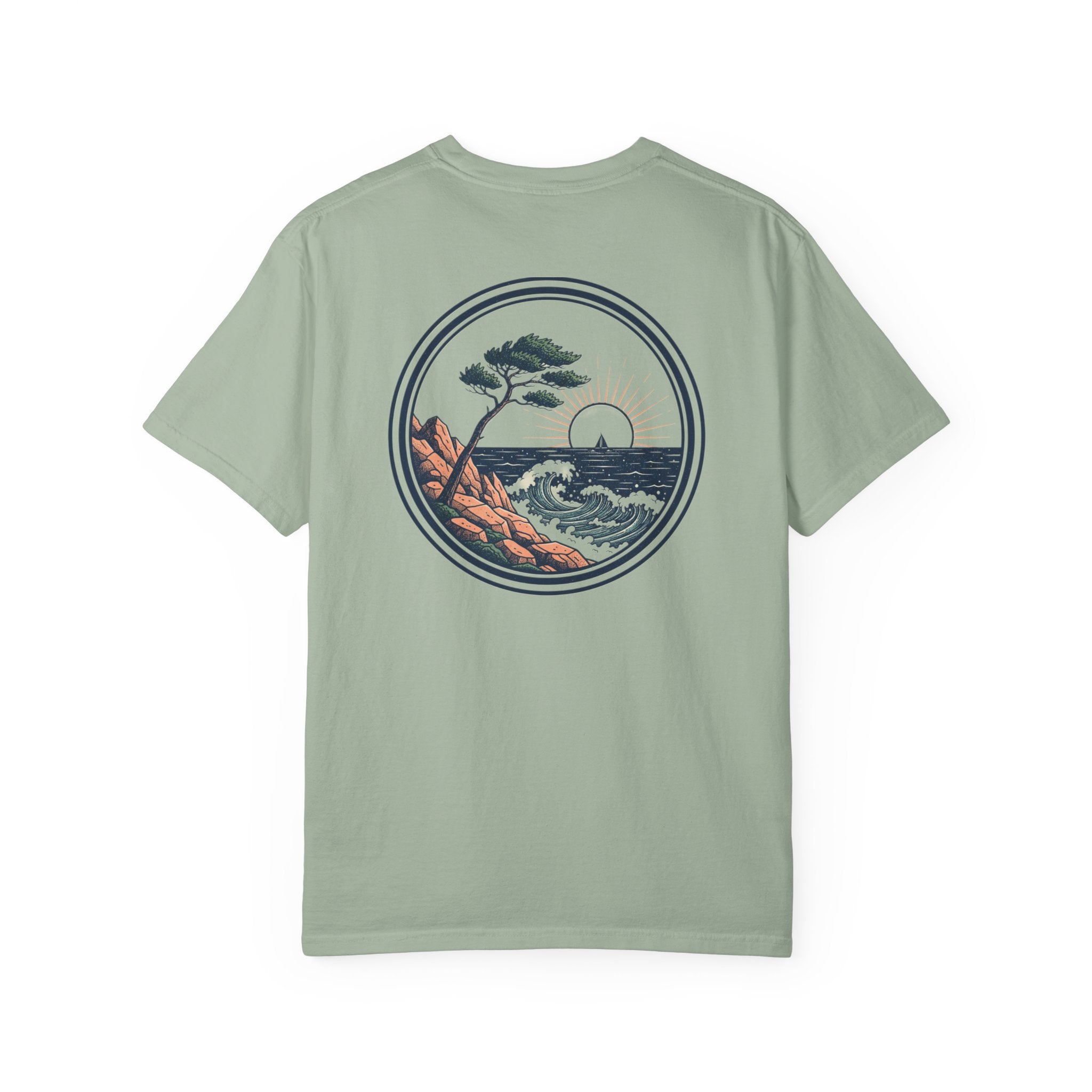 Coastal Sunset Tee — Wave & Pine Graphic T-Shirt (Back & Chest Print)