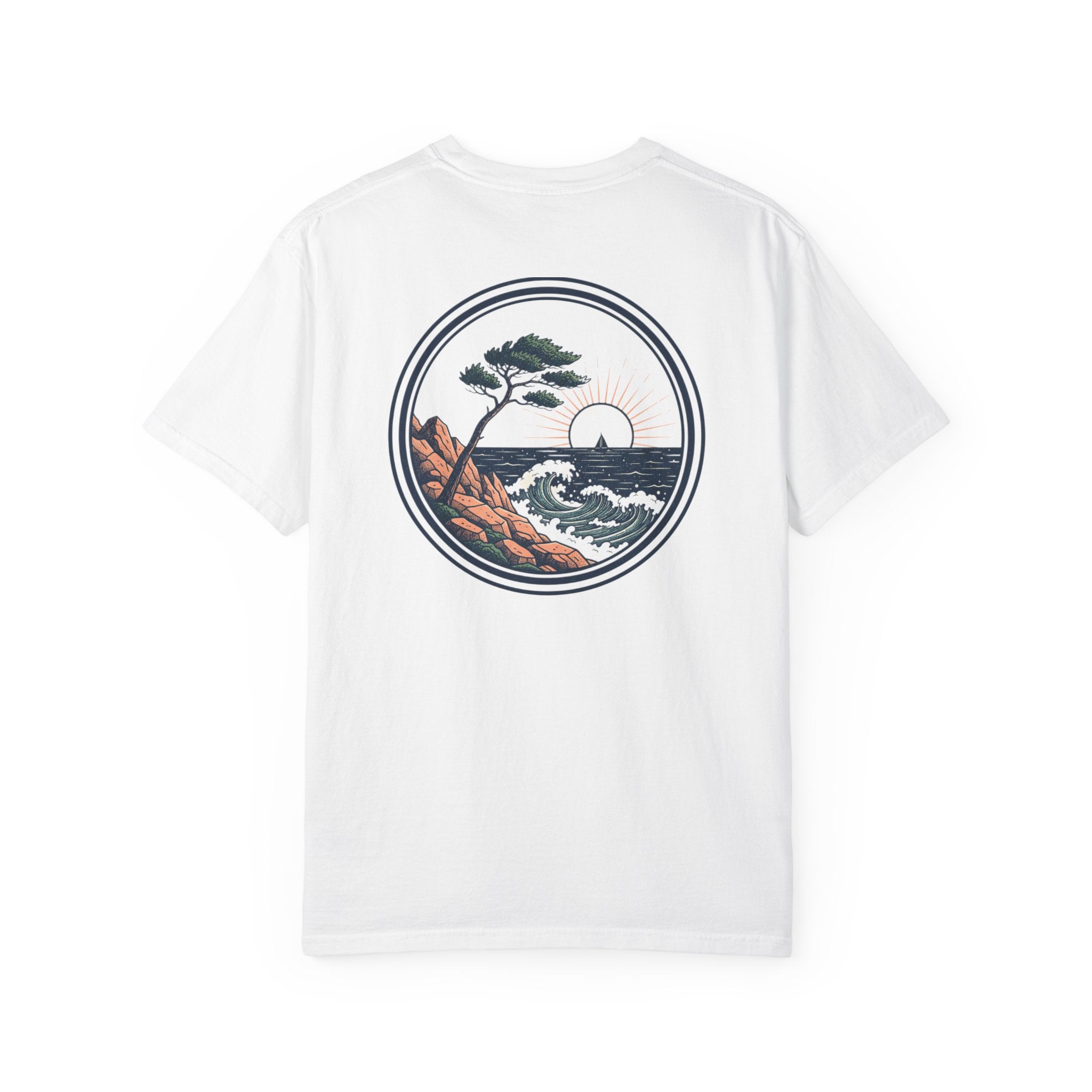 Coastal Sunset Tee — Wave & Pine Graphic T-Shirt (Back & Chest Print)