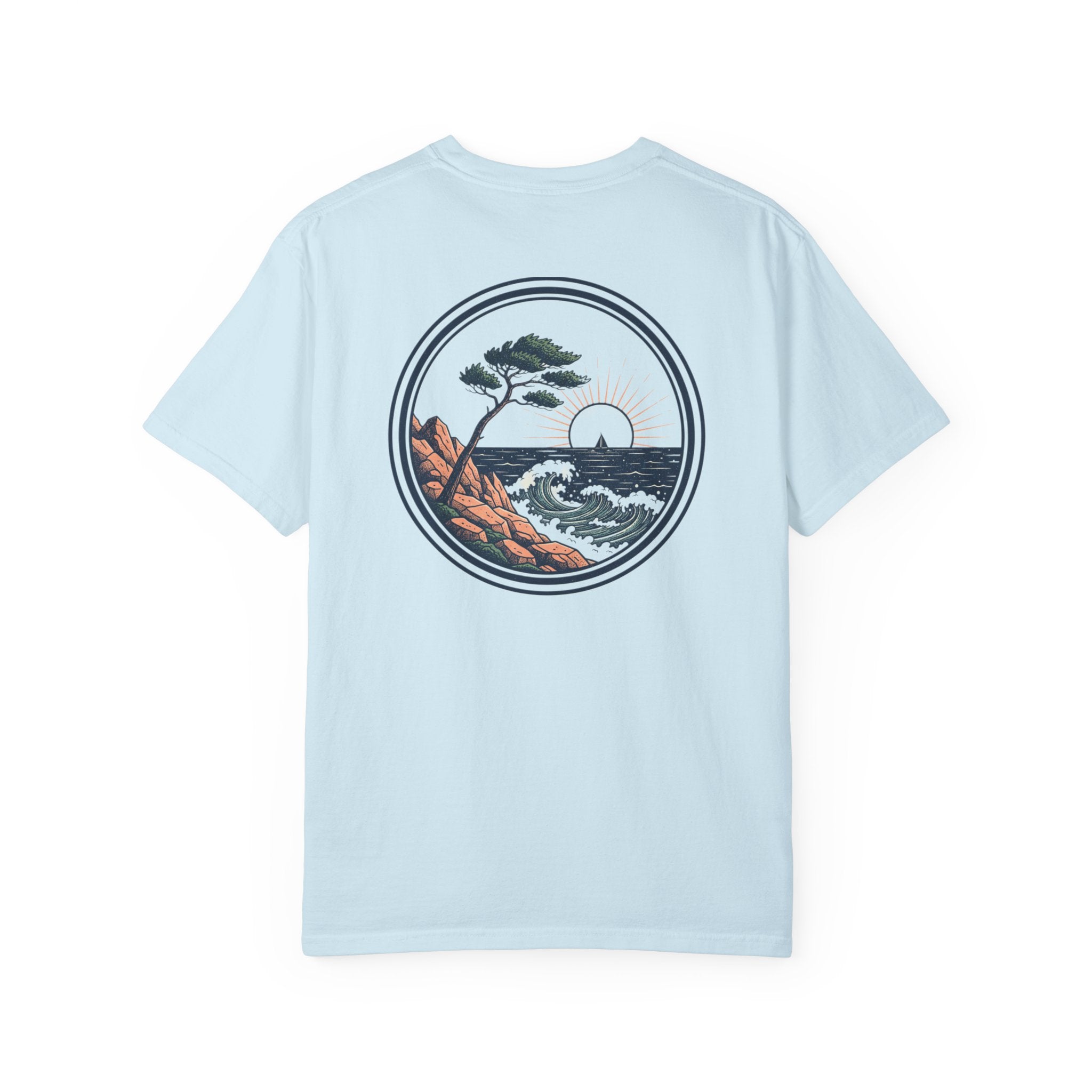Coastal Sunset Tee — Wave & Pine Graphic T-Shirt (Back & Chest Print)