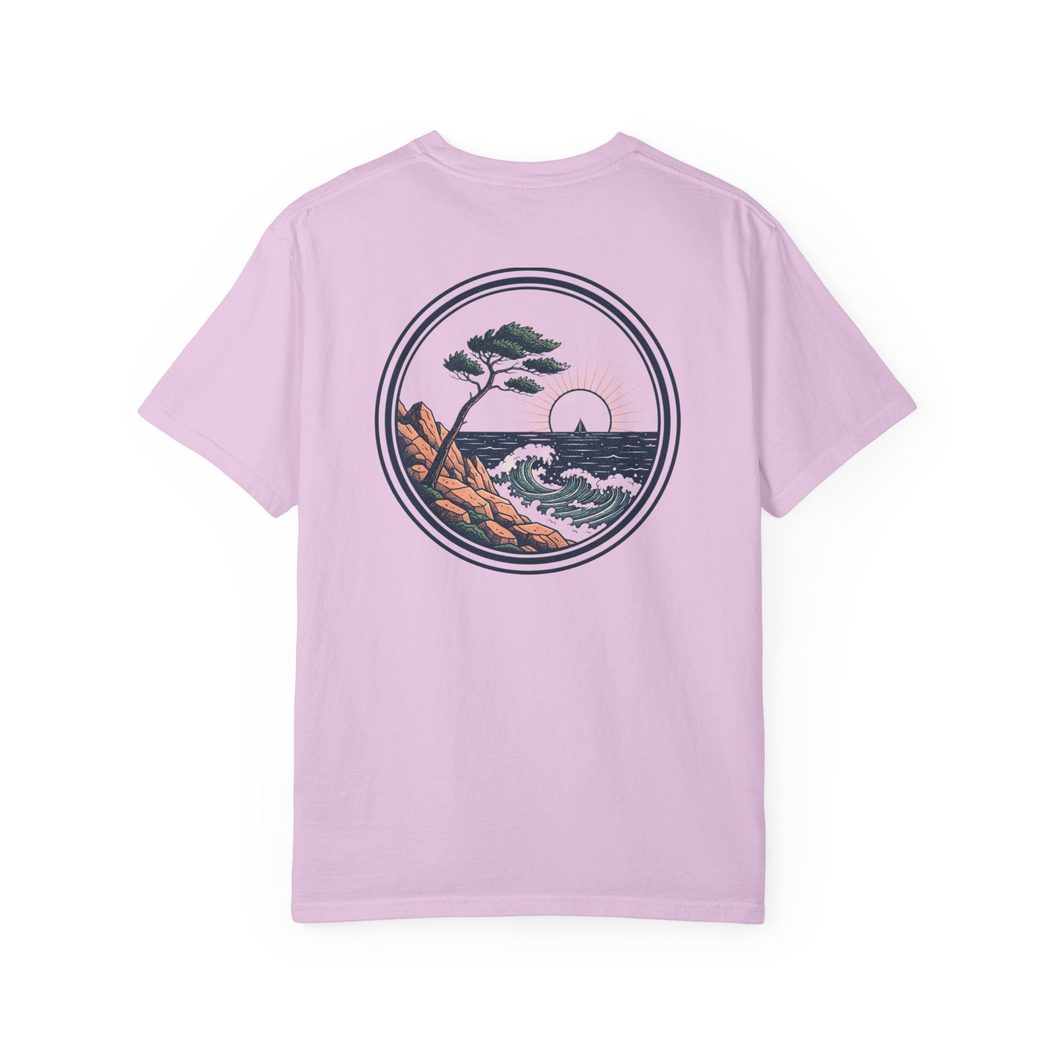 Coastal Sunset Tee — Wave & Pine Graphic T-Shirt (Back & Chest Print)